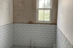Bathroom gut and hack off all old tiles and build material. Render internal walls, dot n dab Moisture plasterboard to wall area. Re-plaster all walls and ceiling areas.